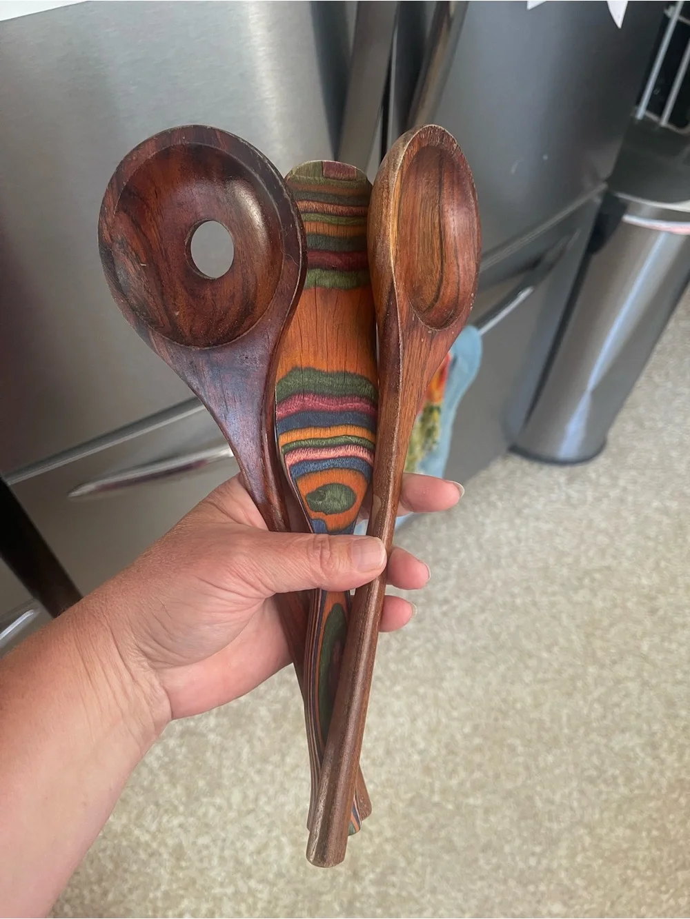 Set of 3 wooden kitchen utensils. Salad set and Spurtle